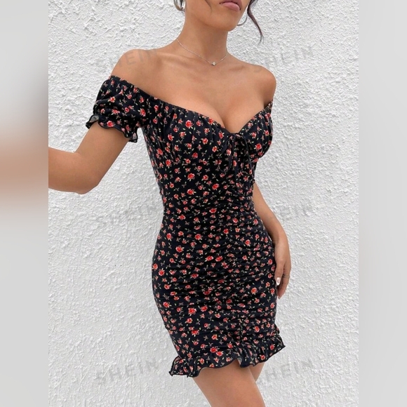 Floral print Off Shoulder Front Knot Ruched Ruffle Hem Bodycon dress Sexy dress - Picture 3 of 4